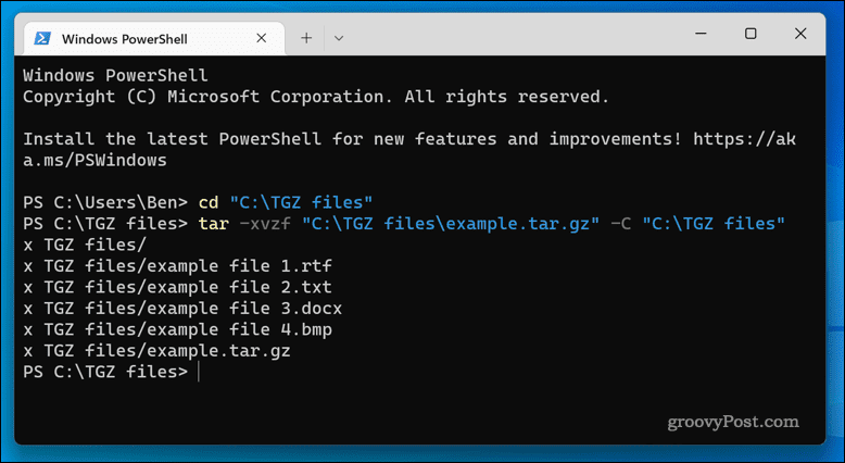 TGZ failu izvilkšana operētājsistēmā Windows 11, izmantojot termināļa lietotni