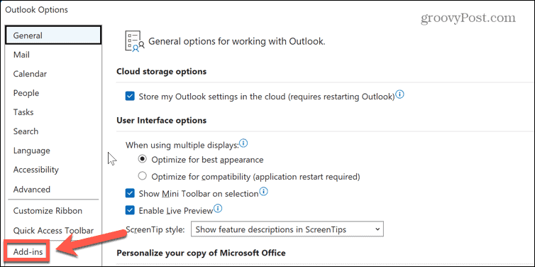 Outlook pievienojumprogrammu izvēlne