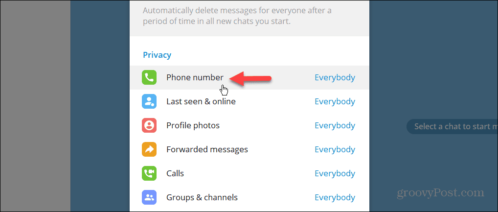 Tālruņa numura konfidencialitātes iestatījums Telegram darbvirsmas lietotnē