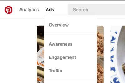 Sadaļu Pinterest reklāmas varat atrast augšējā kreisajā navigācijas joslā.