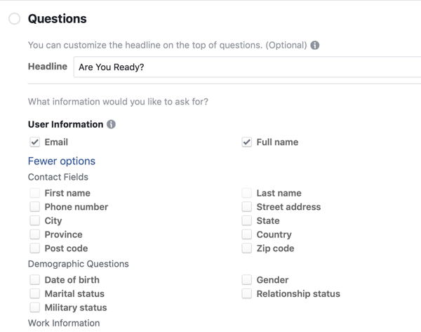 Jautājumu iespējas Facebook vadošo reklāmu kampaņai.