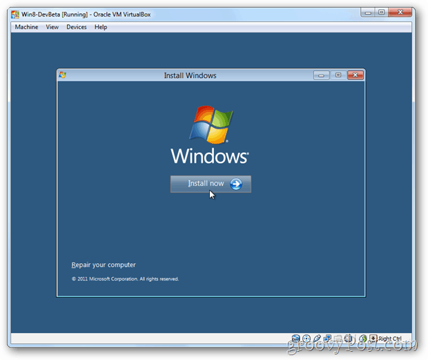 VirtualBox Windows 8 instalēšanas tagad lodziņš