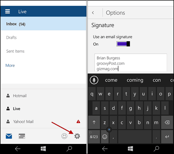 Windows 10 Mobile: mainiet Outlook pasta parakstu