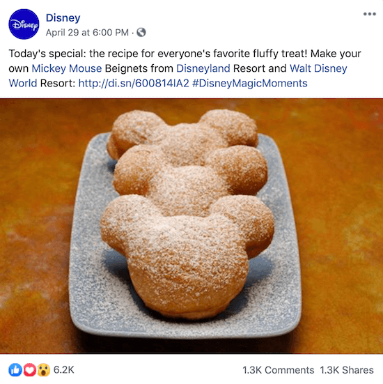 Disney Facebook ziņa ar saiti uz Mickey Mouse beignets recepti