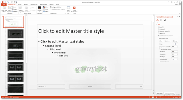 Office 2013 veidne Izveidot Izveidojiet pielāgotu dizainu POTX pielāgojiet slaidus slaidiem Apmācība, kā izveidot dažādu fonu fonu