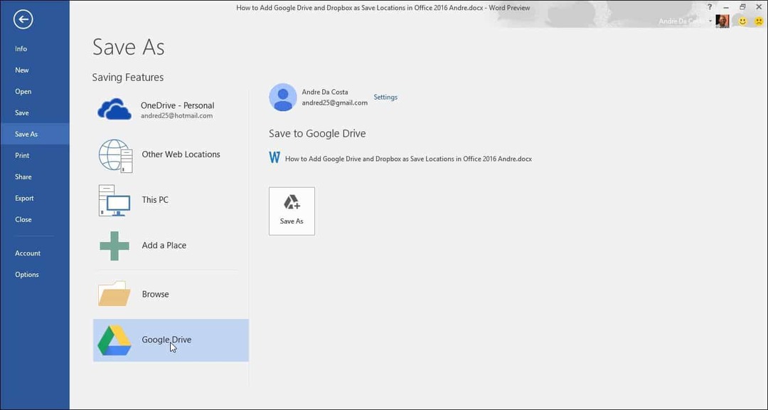 Pievienojiet Google disku un Dropbox kā Saglabāt atrašanās vietas Microsoft Office