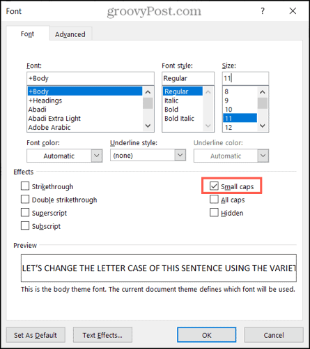 Izmantojiet mazos burtus programmā Word operētājsistēmā Windows