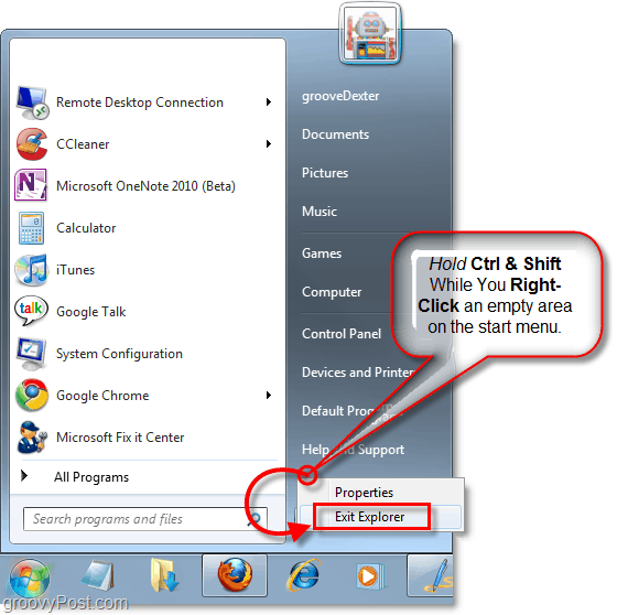 turiet taustiņus un ar peles labo pogu noklikšķiniet uz izvēlnes Sākt, lai izietu no pārlūka Windows 7
