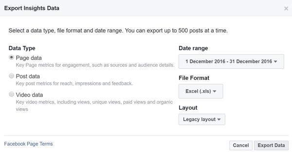 Facebook ieskatu datiem izvēlieties datu veidu, diapazonu, faila formātu un izkārtojumu.