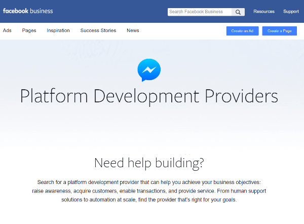 Facebook jaunais platformu izstrādes pakalpojumu sniedzēju katalogs ir resurss uzņēmumiem, lai atrastu pakalpojumu sniedzējus, kas specializējas Messenger pieredzes veidošanā.