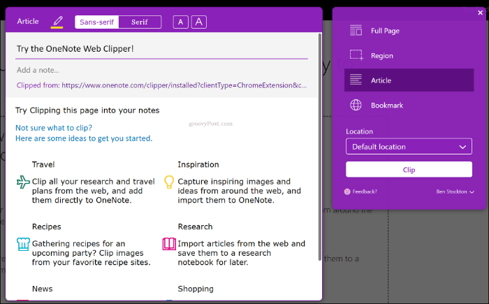 OneNote Web Clipper paplašinājums pārlūkā Google Chrome