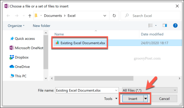 Excel faila pievienošana kā faila pielikumu pakalpojumā OneNote