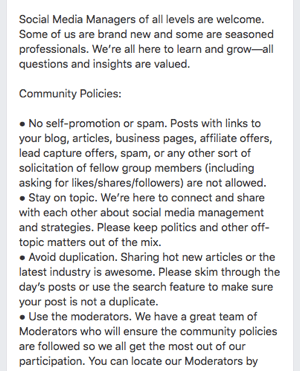 Šeit ir Facebook grupas noteikumu piemērs.