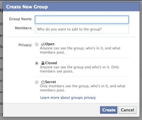 facebook grupas iestatīšanas ekrāns