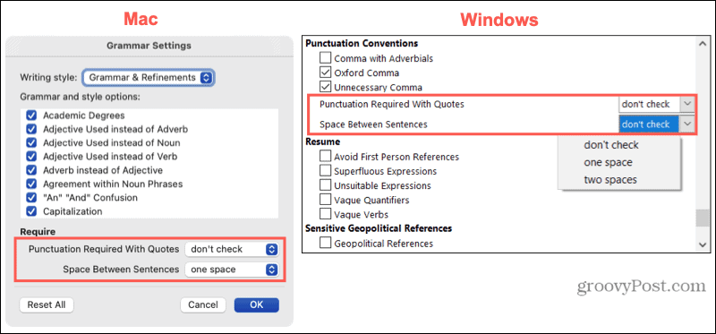 Pieturzīmju iestatījumi Mac un Windows