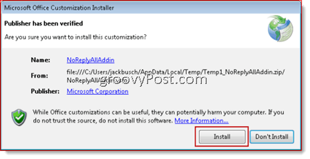 NoReplyAll instalēšana programmā Outlook 2010