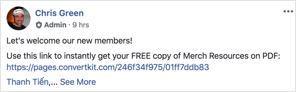 Šis Facebook grupas ieraksts sveic jaunos dalībniekus un atgādina viņiem lejupielādēt bezmaksas PDF.