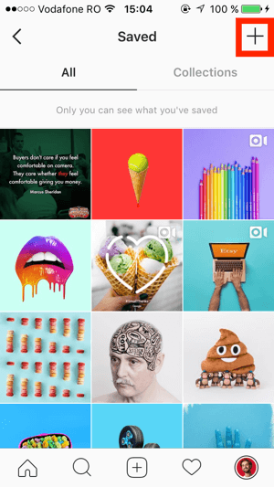 Pieskarieties + zīmei ekrāna Instagram saglabātajā augšējā labajā stūrī.