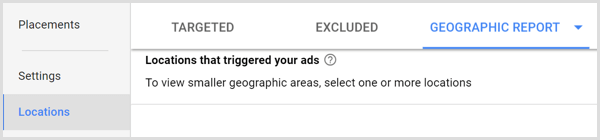 Google Adwords ģeogrāfisko pārskatu cilne