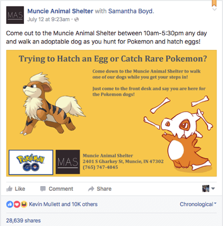 pokemon go muncie dzīvnieku patversme