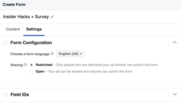 Jūs varat izvēlēties valodu savai Facebook potenciālo pirkumu veidlapai.