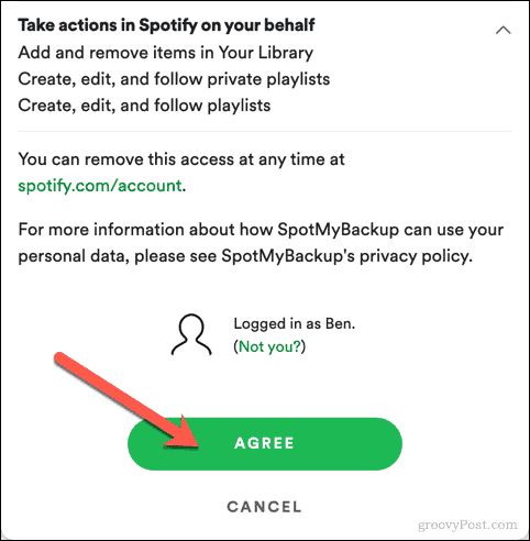 Apstiprina SpotMyBackup piekļuvi vietnei Spotify