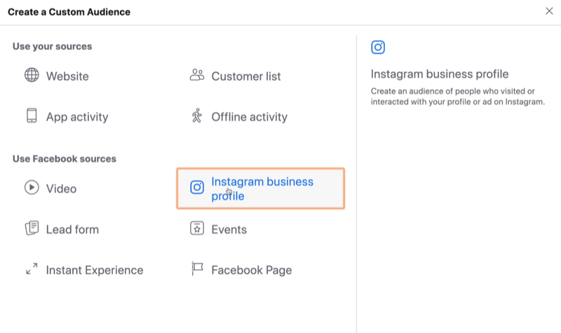 atlasiet Instagram Business kā avotu Facebook pielāgotajai auditorijai