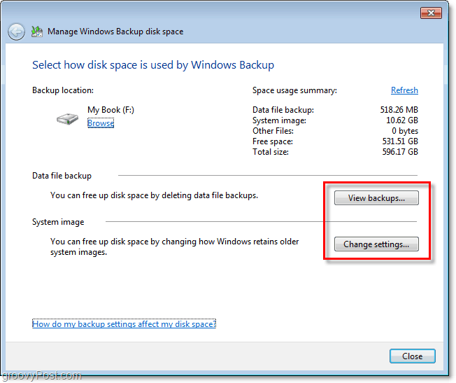 Windows 7 dublēšana - skatiet dublējumu vai mainiet iestatījumus, lai pielāgotu izmēru