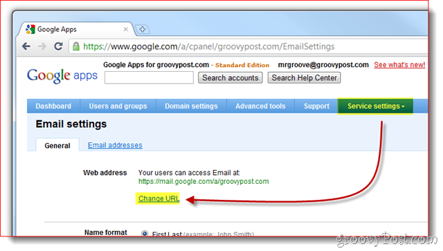 google lietotņu pakalpojuma iestatījumos tiek mainīts URL