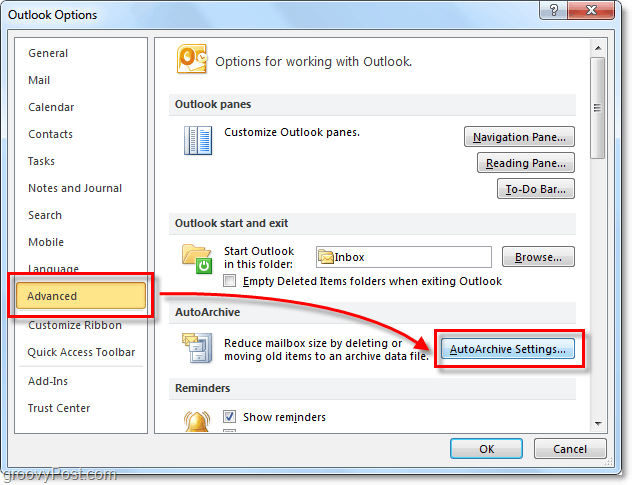 Papildu automātiskās arhivēšanas iestatījumi programmā Outlook 2010