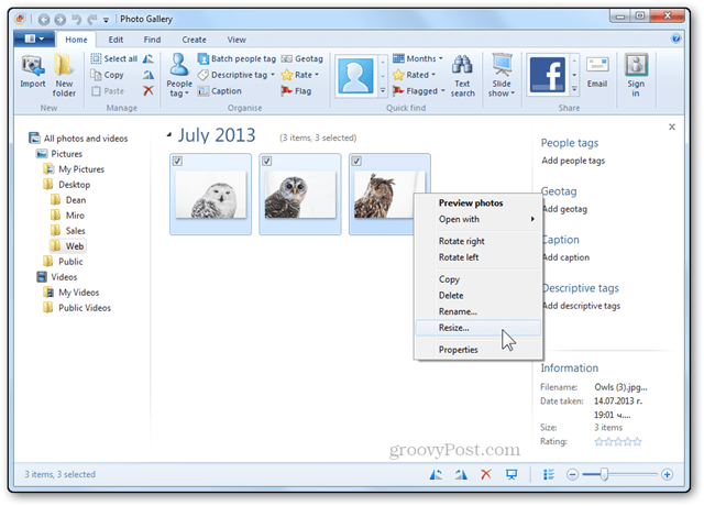 Fotoattēlu izmēru maiņas apmācība Windows Live fotogalerija mainīs konteksta izvēlnes pogu