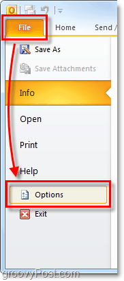 Failu opcijas programmā Outlook 2010