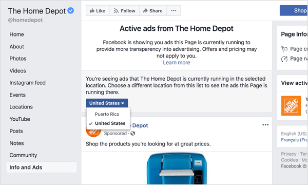 Nolaižamajā izvēlnē atlasiet reģionu, lai skatītu visas reklāmas, kuras pašlaik darbojas Facebook lapa, vai nu globāli, vai noteiktā valstī.