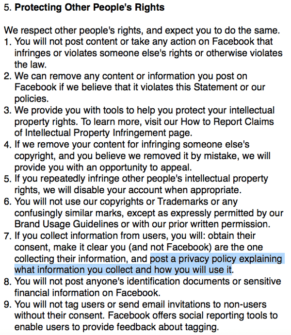 Facebook noteikumi, kas nosaka privātuma politikas prasības.