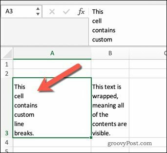 Teksta iesaiņošana programmā Excel, izmantojot rindiņu pārtraukumus.