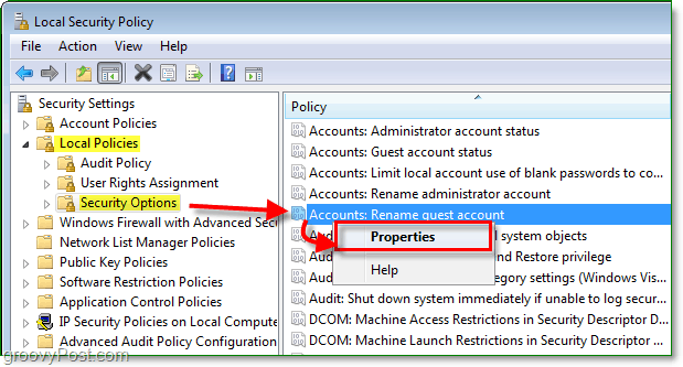 kā modificēt viesa konta konta nosaukumu operētājsistēmā Windows 7, izmantojot vietējās drošības politiku