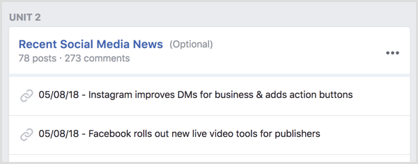 Izveidojiet Facebook grupas vienību jaunāko ziņu sniegšanai.