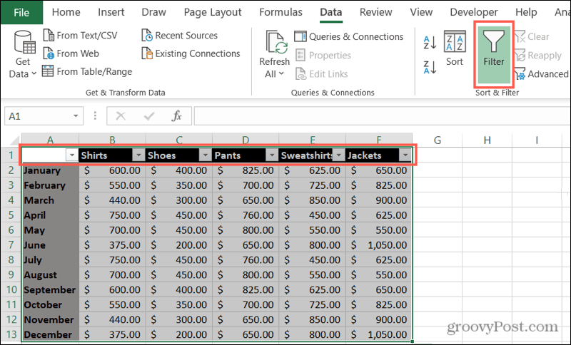 Iespējot filtrus programmā Excel