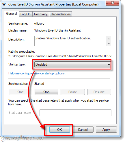 atspējots starta tips Windows Live ID pierakstīšanās palīgs