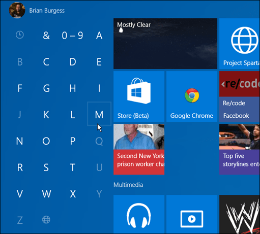 lietotnes ar pirmo burtu Windows 10 Start
