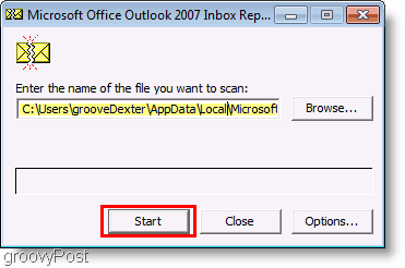 Ekrānuzņēmums - Outlook 2007 ScanPST labošanas fails