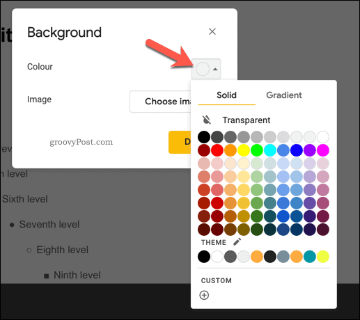 Fona krāsas pievienošana galvenajam slaidam pakalpojumā Google prezentācijas
