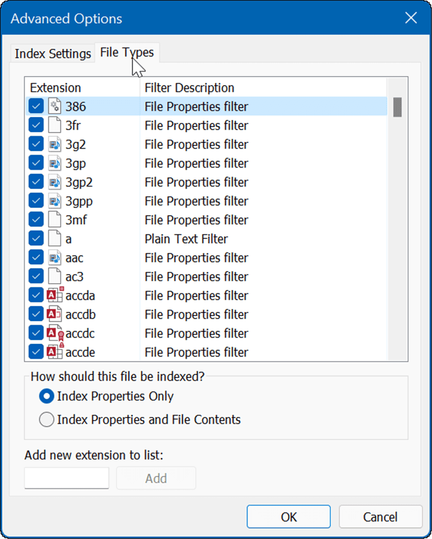 papildu opciju failu tipi