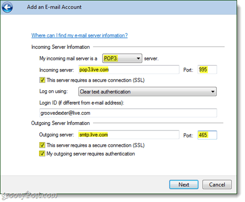 Windows Live Mail https e-pasta konta iestatījumi