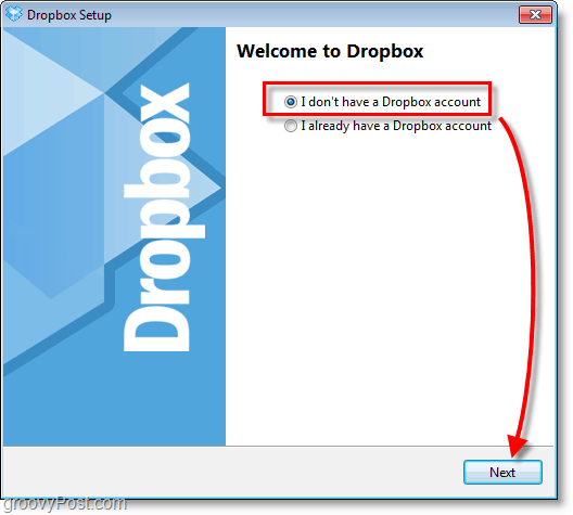 Dropbox ekrānuzņēmums - izvēlieties izveidot jaunu kontu