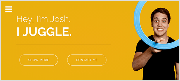 Džoša Hortona žonglēšanas vietnē ir dzeltens fons, fotogrāfija, kurā Džošs smaida un virza gaiši zilu žonglēšanas gredzenu ap rādītājpirkstu, un balts teksts ar tekstu Hey I'm Josh. Es žonglēju.