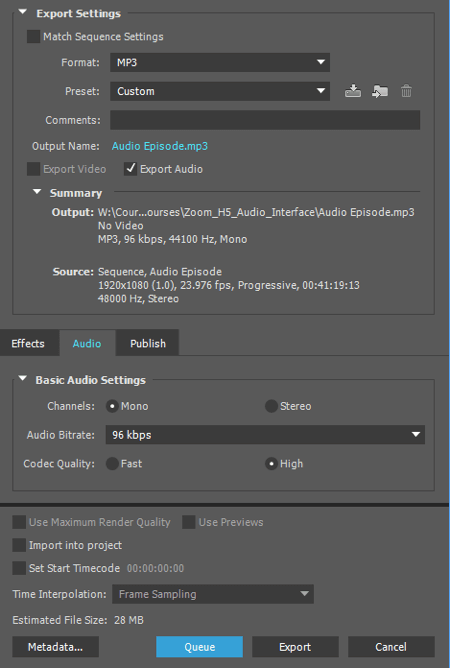 Eksportējiet audio kā MP3 failu programmā Adobe Premiere.