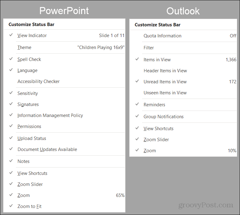 PowerPoint un Outlook statusa joslas opcijas