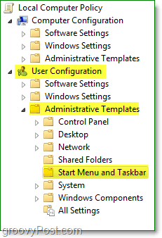 Windows 7 vietējās grupas politikas logā pārlūkojiet lietotāja konfigurācijas, administratīvās veidnes un pēc tam izvēlni Sākt un uzdevumjoslu