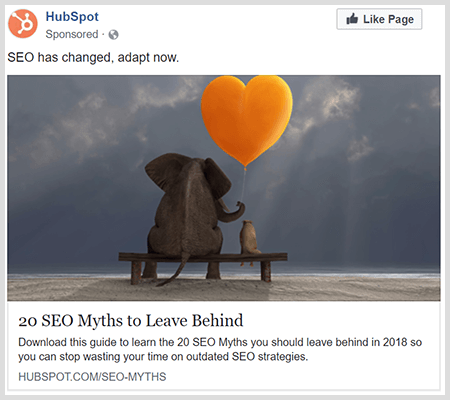 Zīmola reklāmās tiek kopīgots noderīgs saturs, piemēram, šī HubSpot reklāma, par 20 SEO mītiem, kurus atstāt.